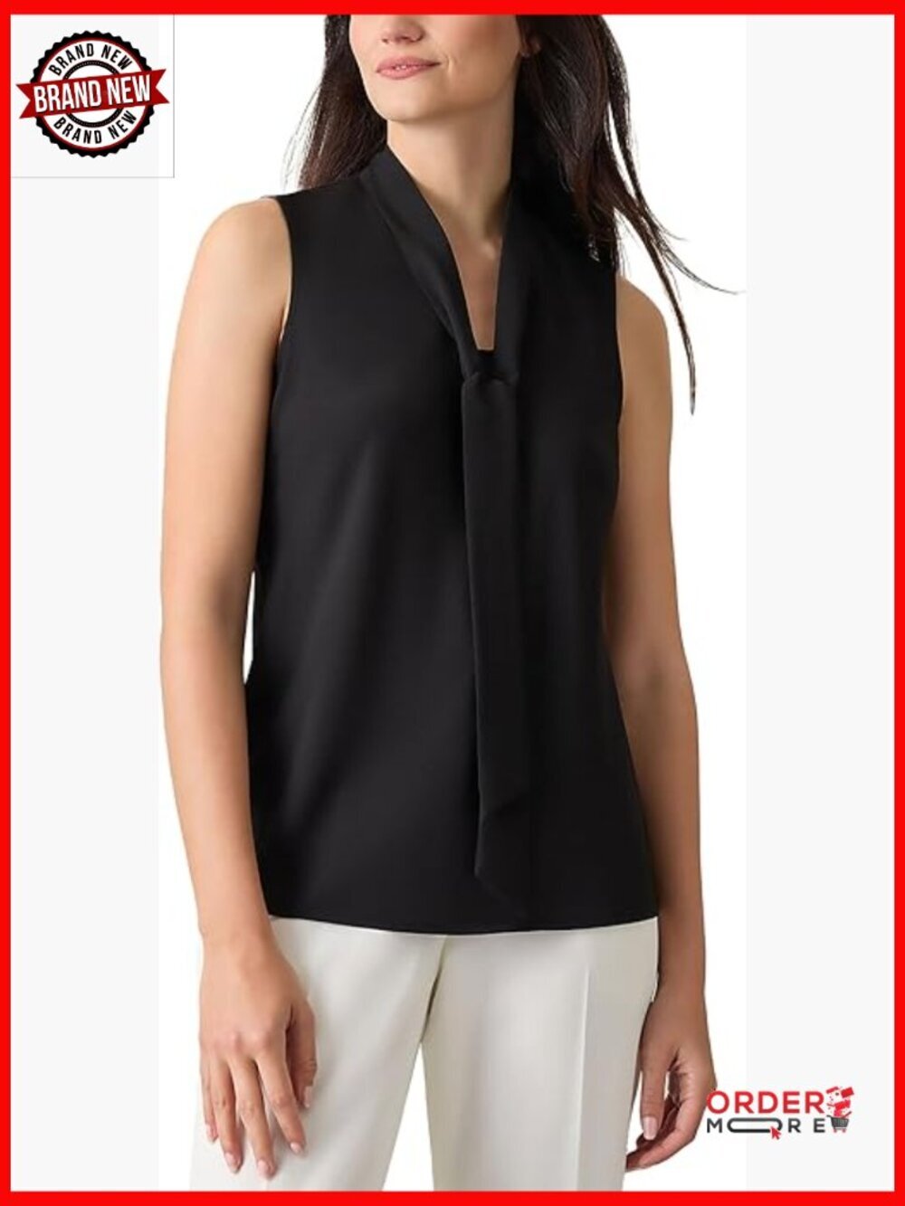 Tie Front Blouse - Sleeveless V-Neck Button Top - Business Casual